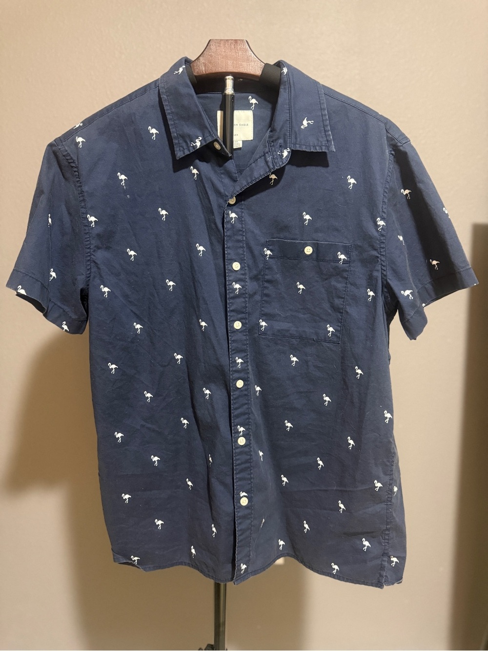 American Eagle Men's Navy Short-Sleeve Button-Up Shirt with White Print